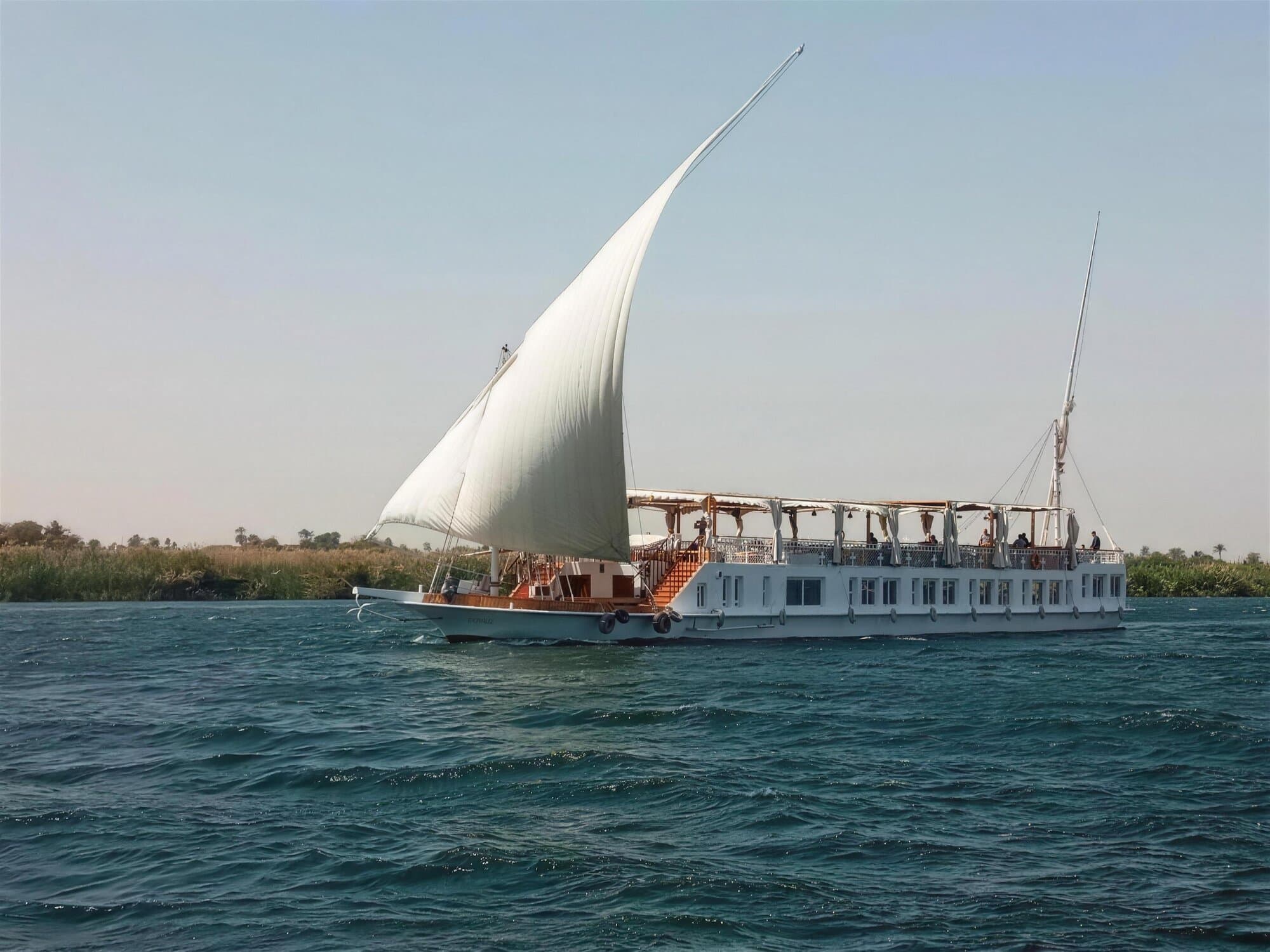 Dahabeya blanca navegando a vela por el Nilo, frente a un cañaveral de la orilla