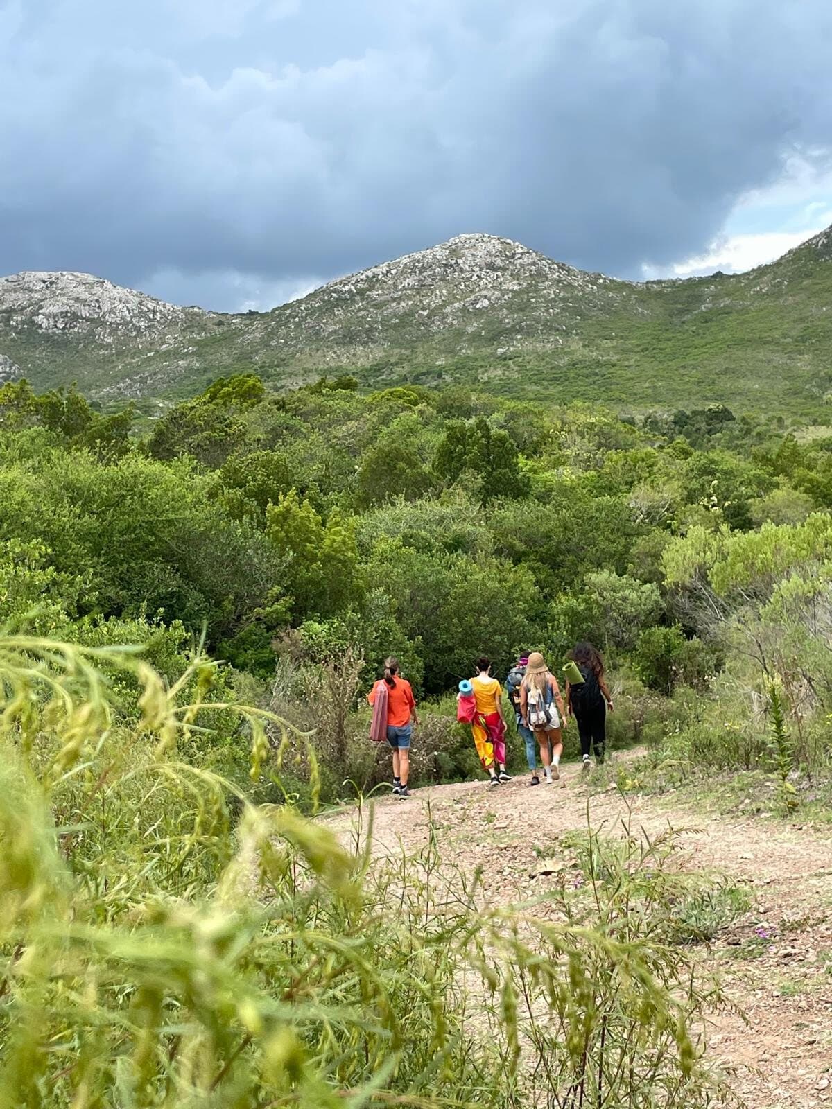 Grupo caminando en fila por el sendero de tierra, con la sierra y el monte nativo detrás