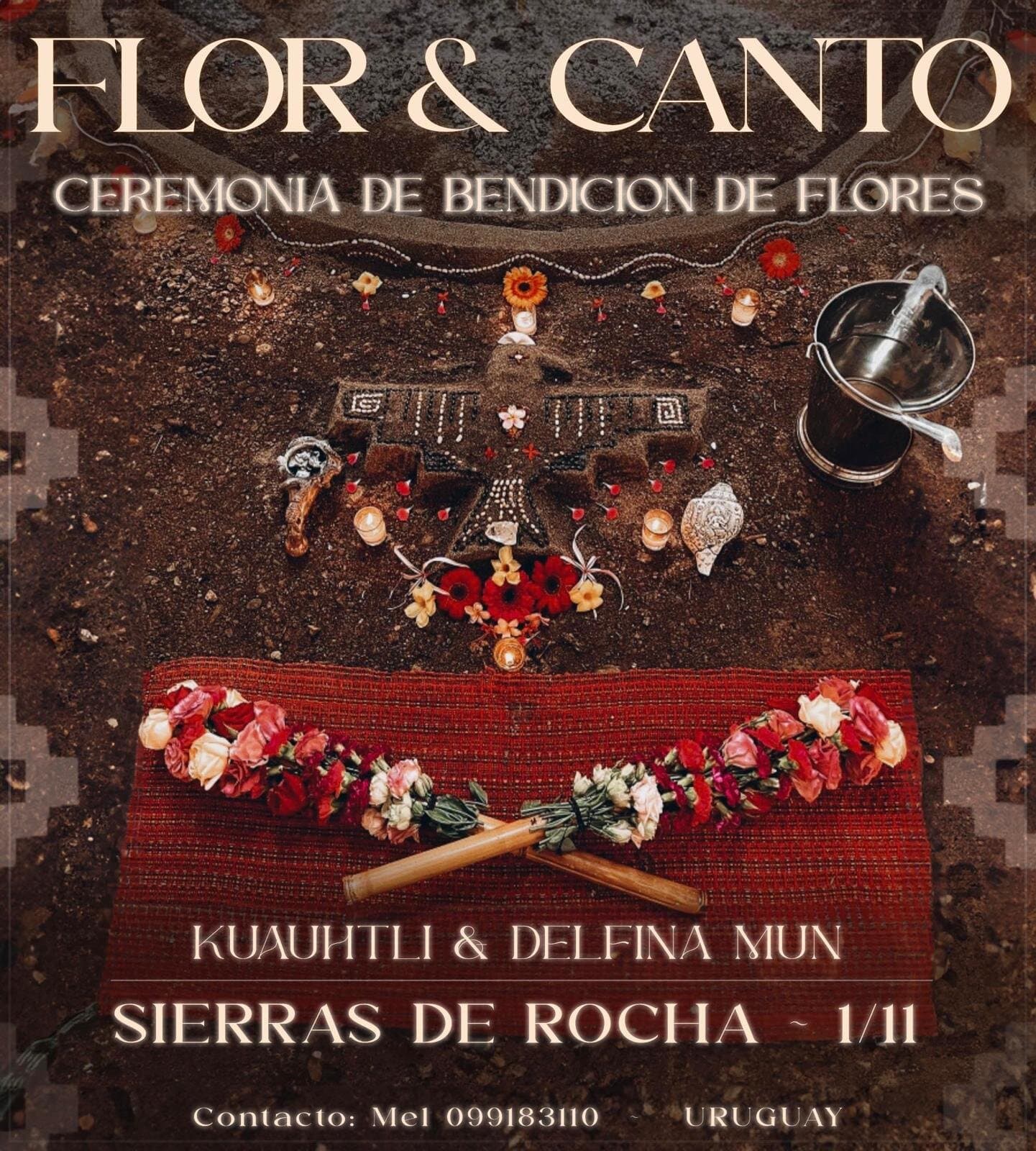 Placa de la ceremonia de bendición de flores: el mandala de tierra con el águila, las velas y las coronas de flores sobre el tejido rojo